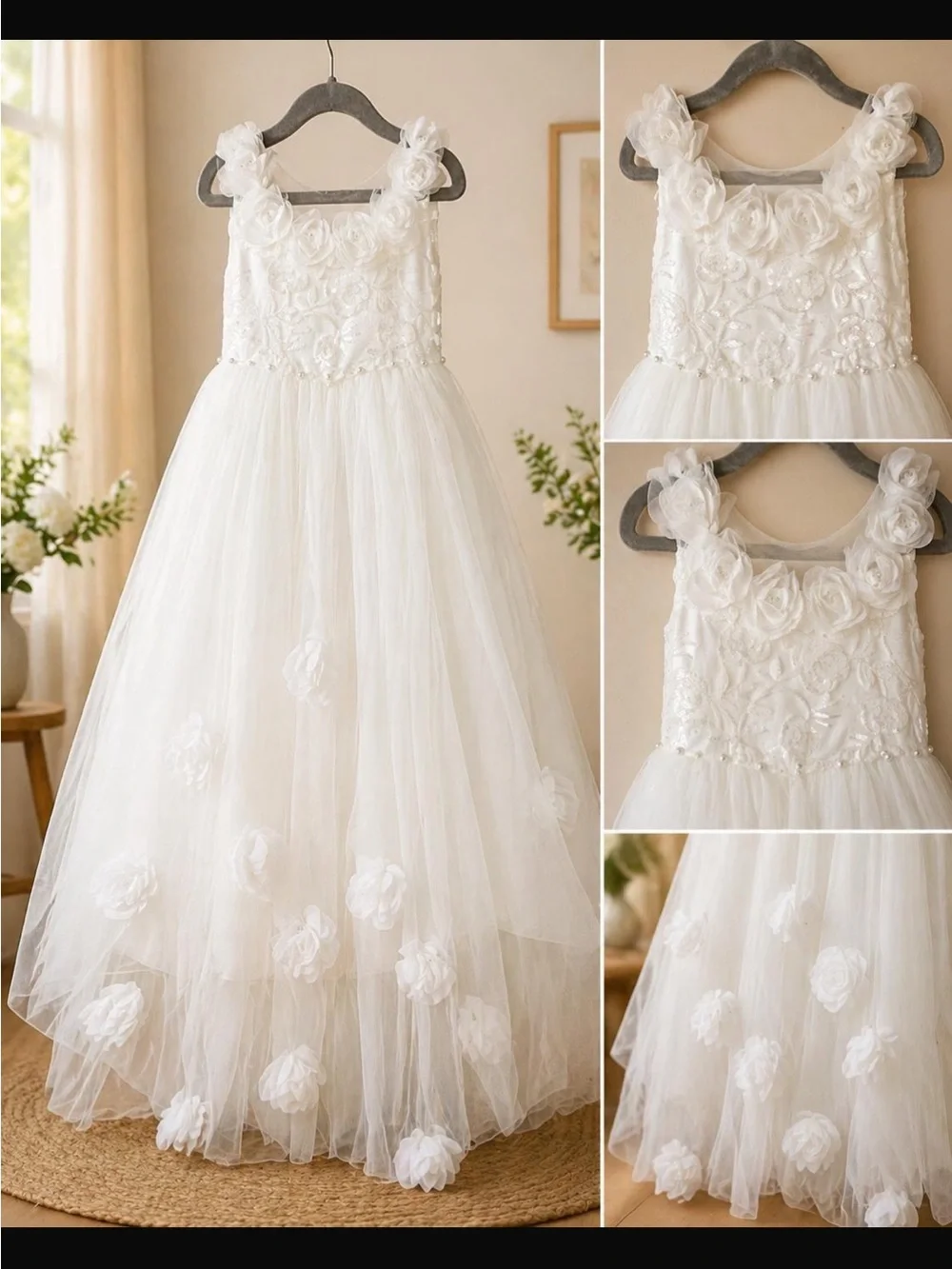 White Floral Tulle Girl's Dress - Sleeveless Flower Applique
