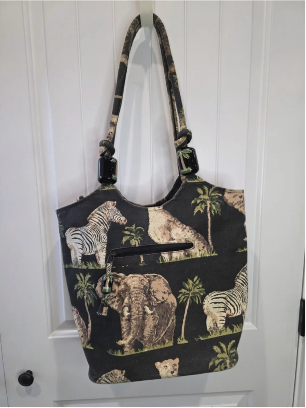 Safari Animal Print Cotton Tote Bag Elephant Zebra Palm Trees Zip Closure Pocket