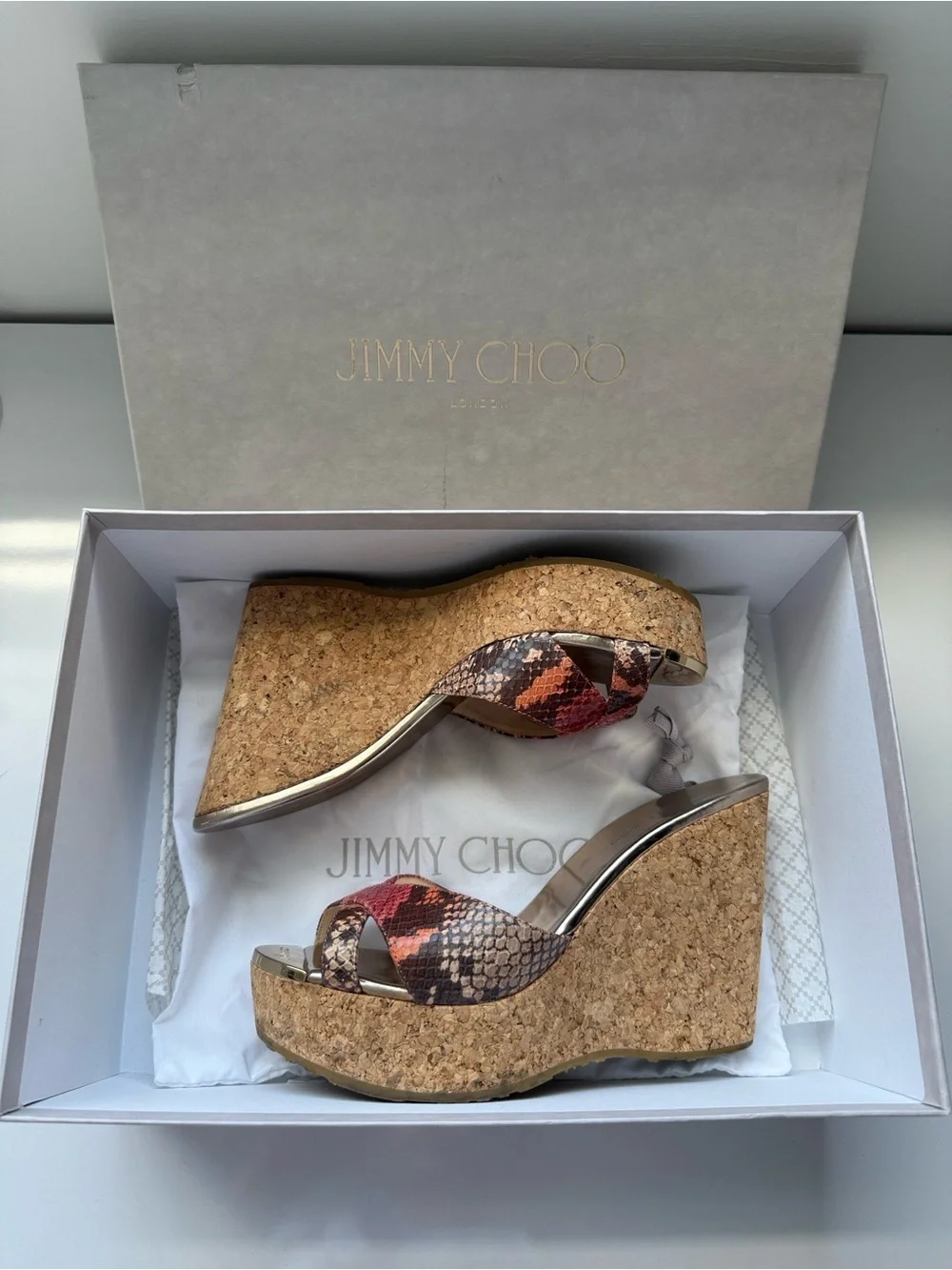 Jimmy Choo Python Print Cork Wedge Slide Sandals