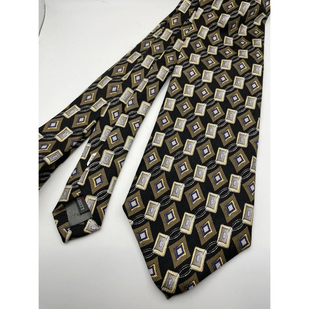 Robert Talbott Mens Silk Tie Black Gold Blue Geometric Diamond Hand Sewn USA