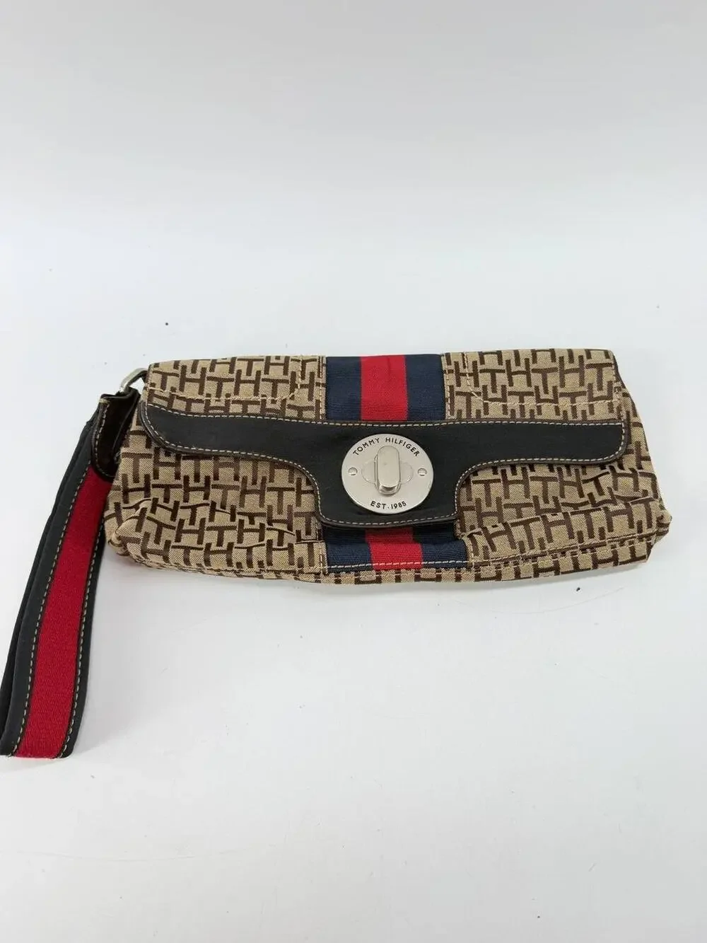 Tommy Hilfiger Monogram Wristlet Clutch Wallet Brown Canvas Red Blue Stripe