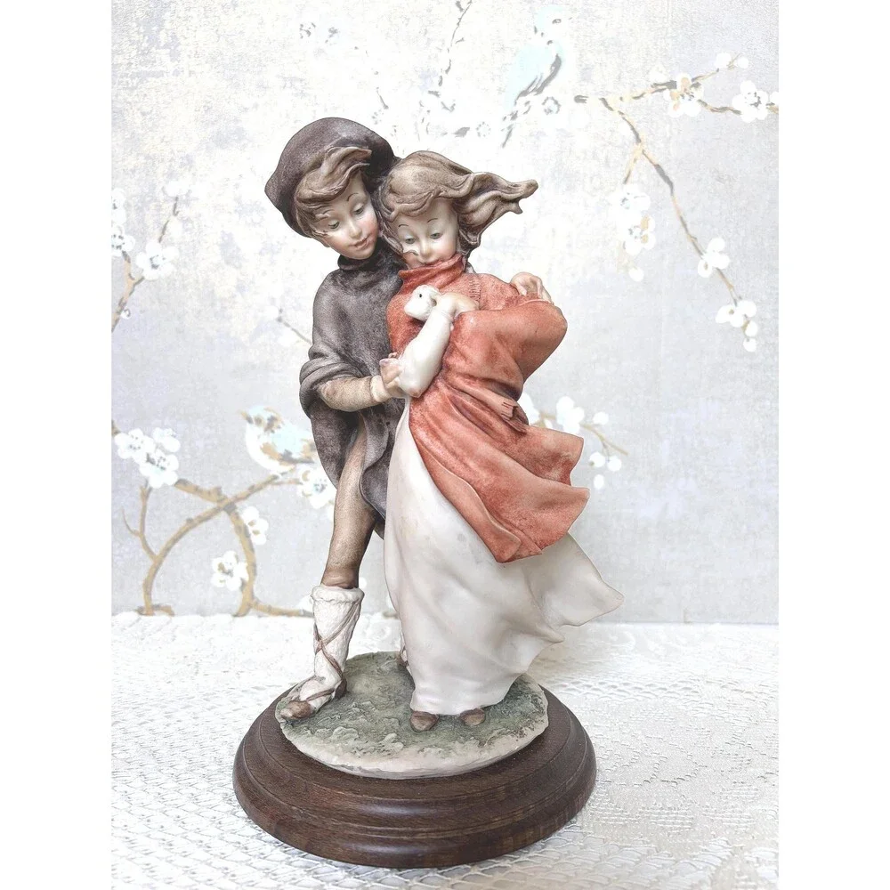 VTG Giuseppe Armani Boy and Girl with Lamb Figurine Statue on Wood Base