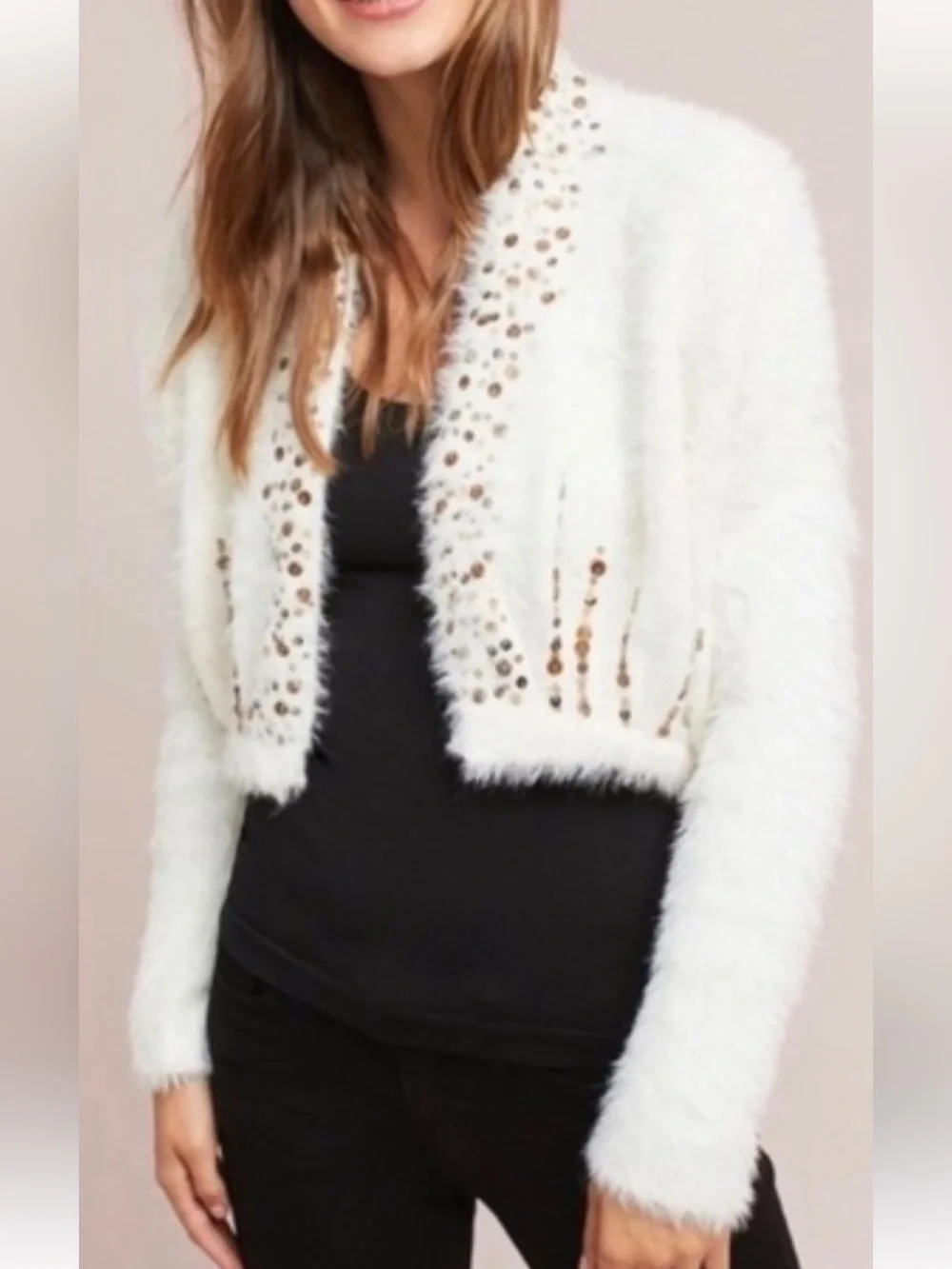 Free People White Fuzzy‎ Cropped Jacket with Sequin Embellishment women size m