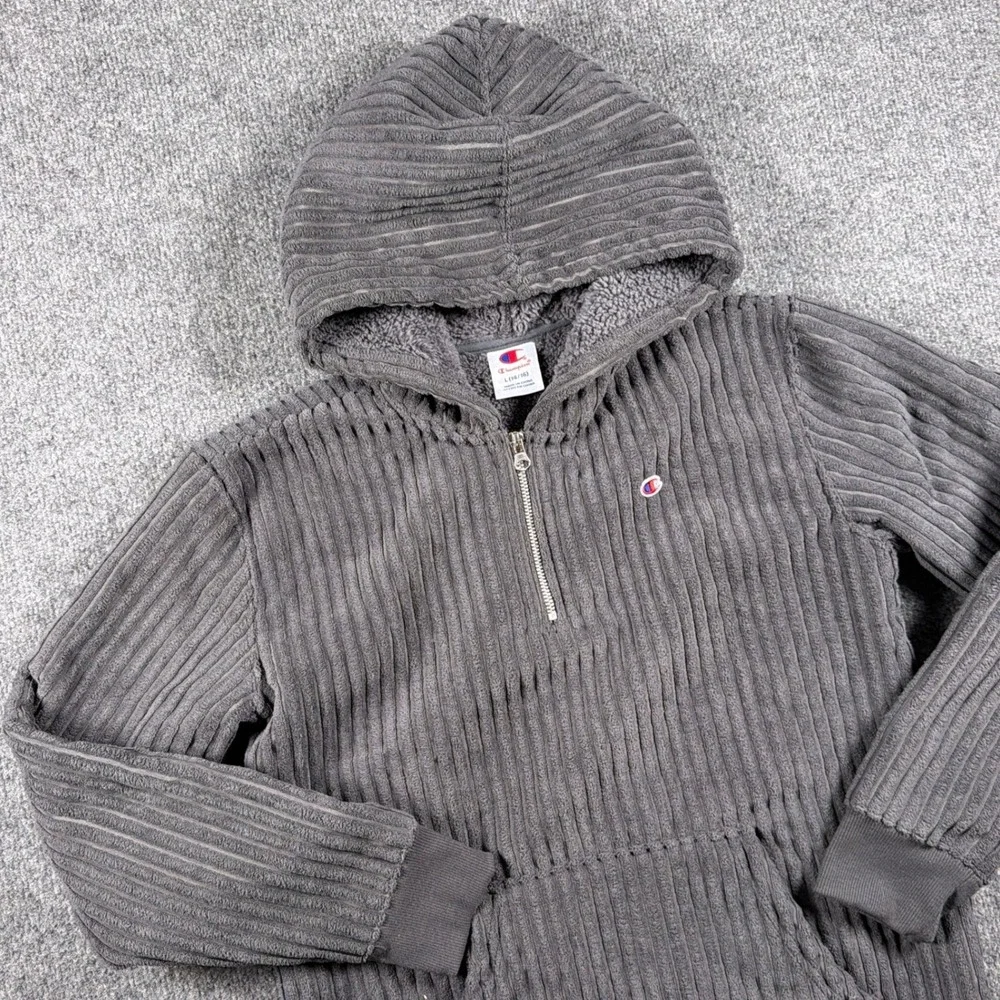 Champion Corduroy Hoodie Quarter Zip Boys Size L 14/16 Grey Sherpa‎ Lined