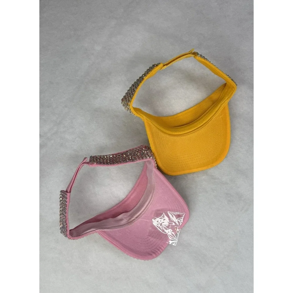 Women's Rhinestone Bling Sun Visor Hat Pink Yellow Sparkly Adjustable