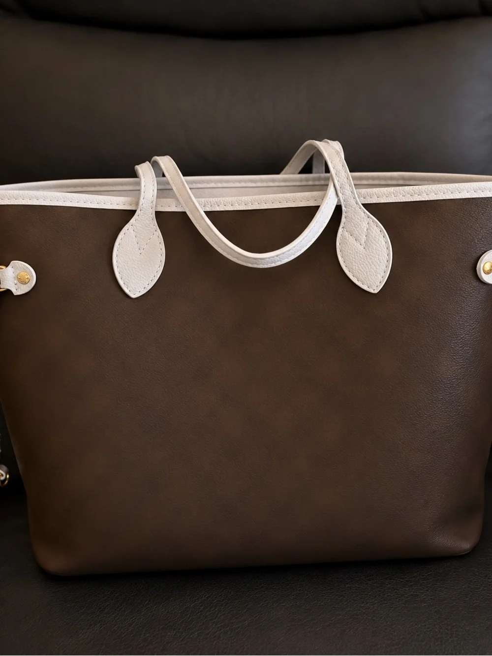Leather Tote Bag in Brown with Blue Trim