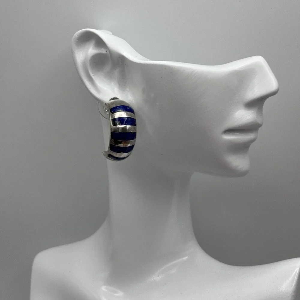 925 Sterling Silver And Lapis Lazuli Inlay Half Hoop Earrings