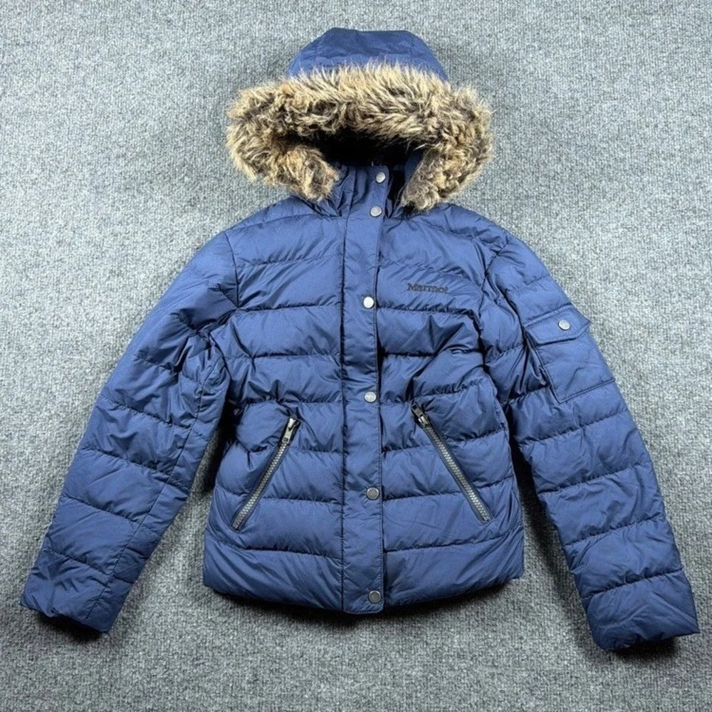 Marmot Puffer Jacket Girls Size S Navy Blue 700 Fill Down Faux‎ Fur Hood