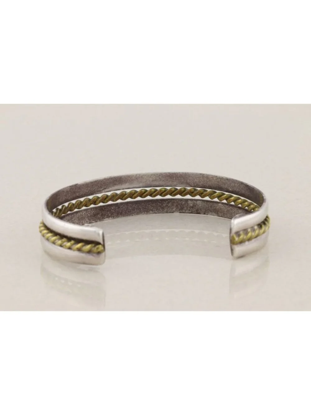 Sterling Silver Cuff Bracelet with Brass Center Rope Design Adjustable 7
