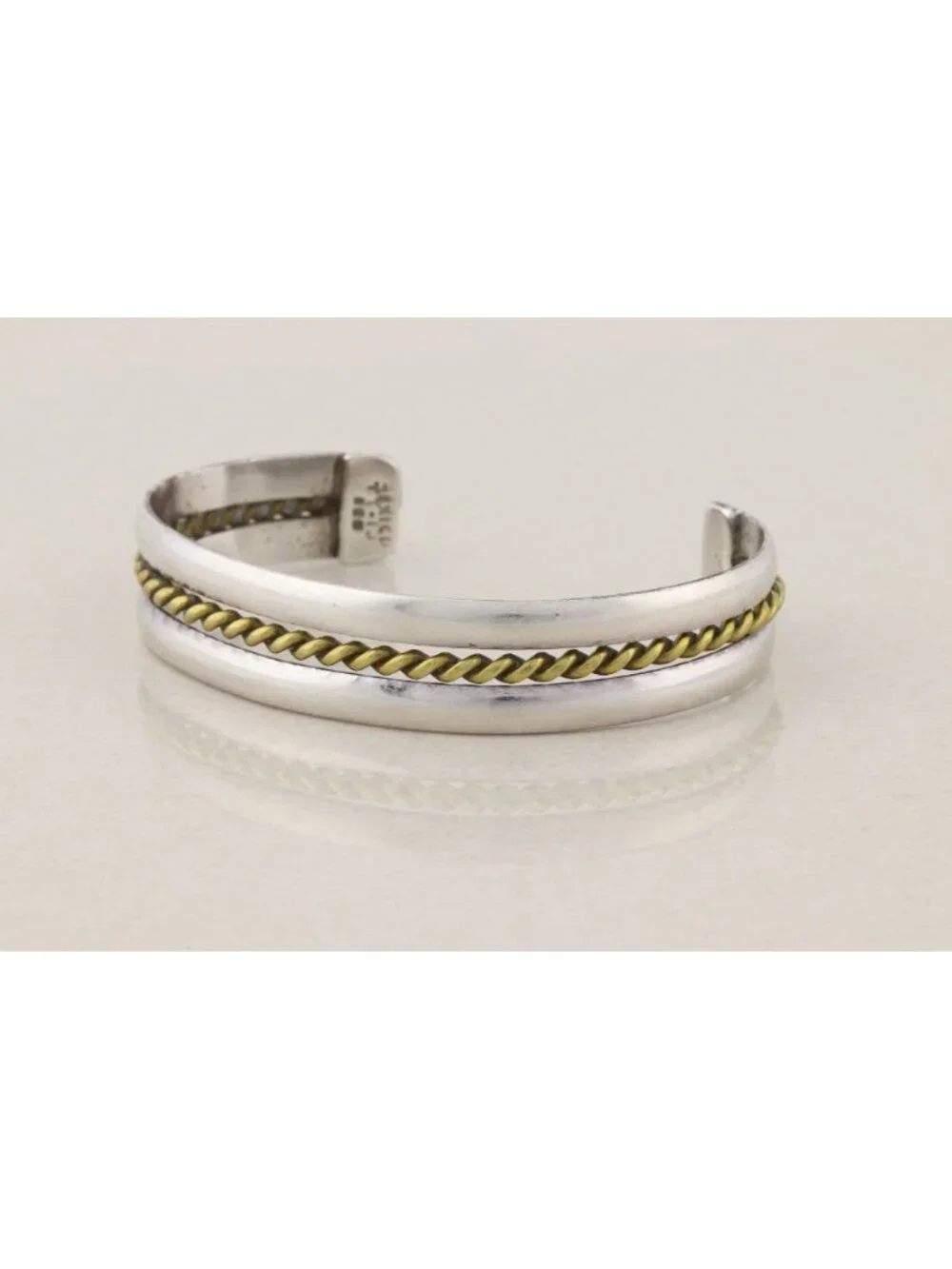 Sterling Silver Cuff Bracelet with Brass Center Rope Design Adjustable 7