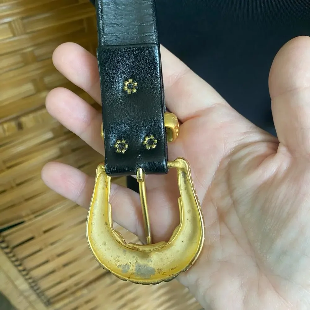 Salena’s Collection Black Leather Belt w/ Textured Gold Buckle, Western Boho