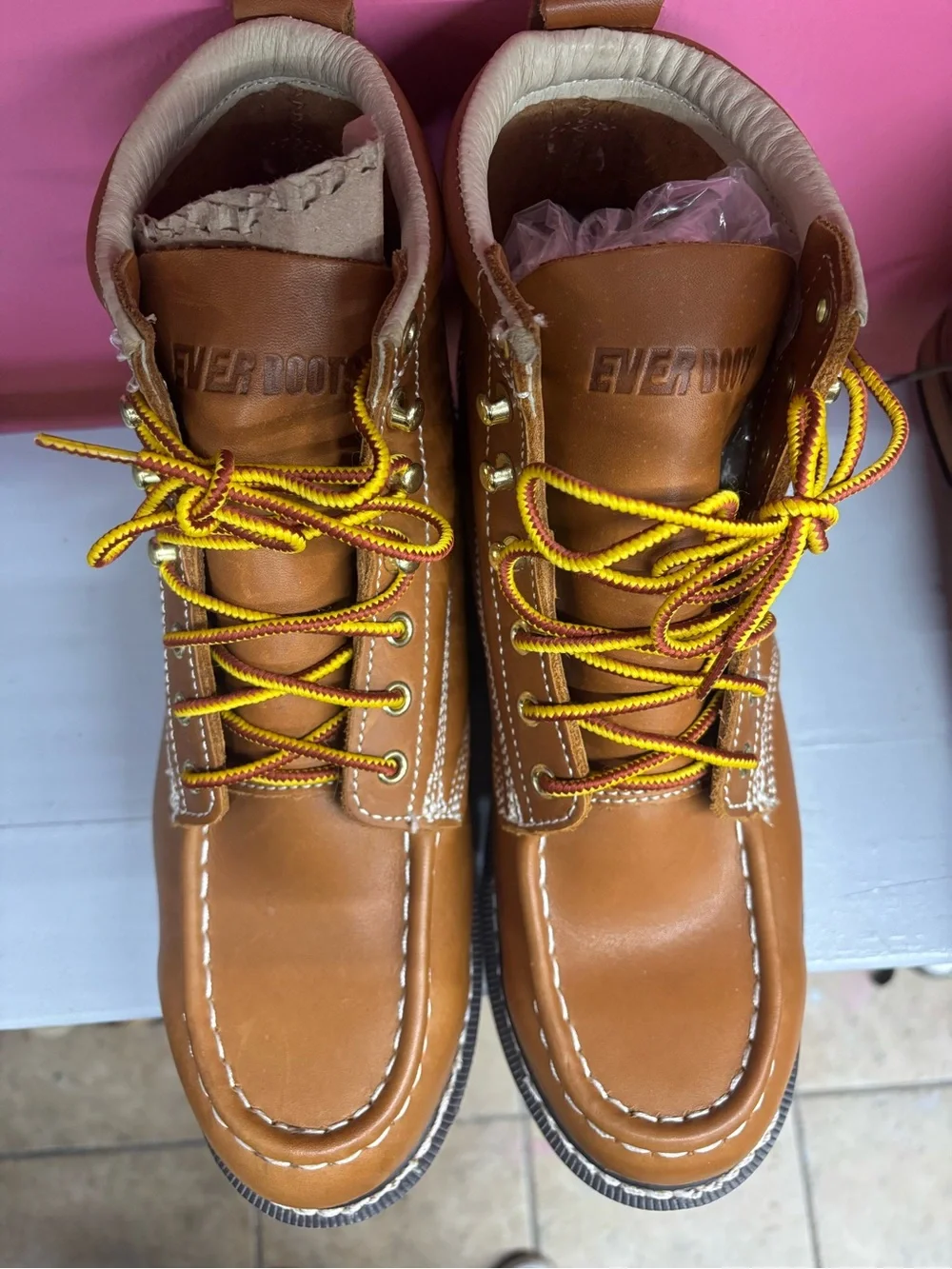 Men's Tan Moc Toe Work Boots with Yellow Contrast Laces