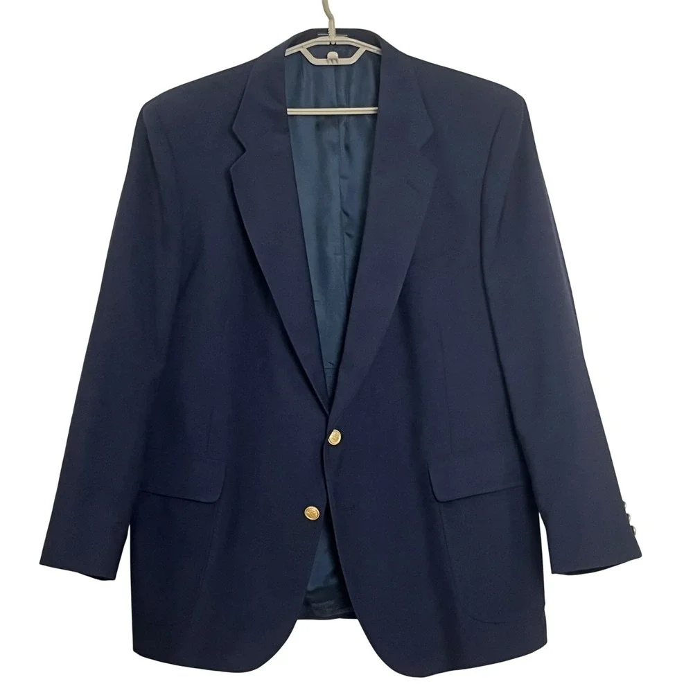 David Taylor Mens‎ Blazer 46R Navy Blue Gold Crest Buttons Sport Coat Jacket