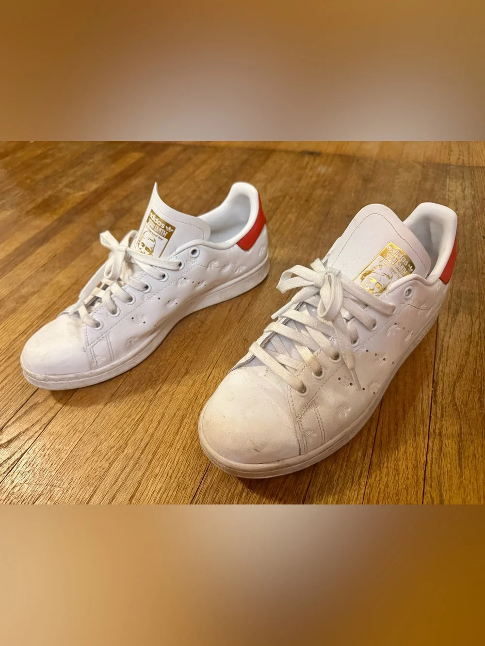 Adidas Stan Smith White Sneakers with Red Heel Accent