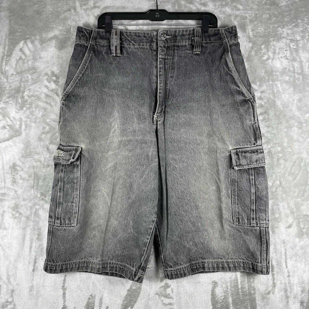 Vtg Y2K FUBU Cargo Shorts Black Denim Jorts Super Baggy Loose 38W (fit 36x15)