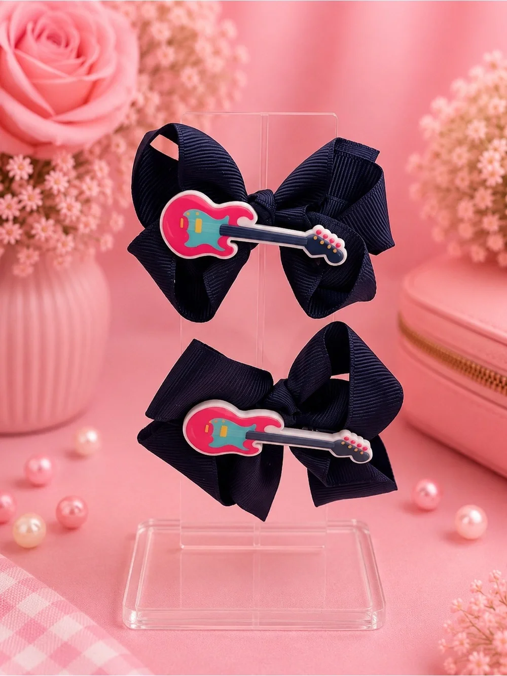 Navy Guitar Bow Hair Clips for Kids