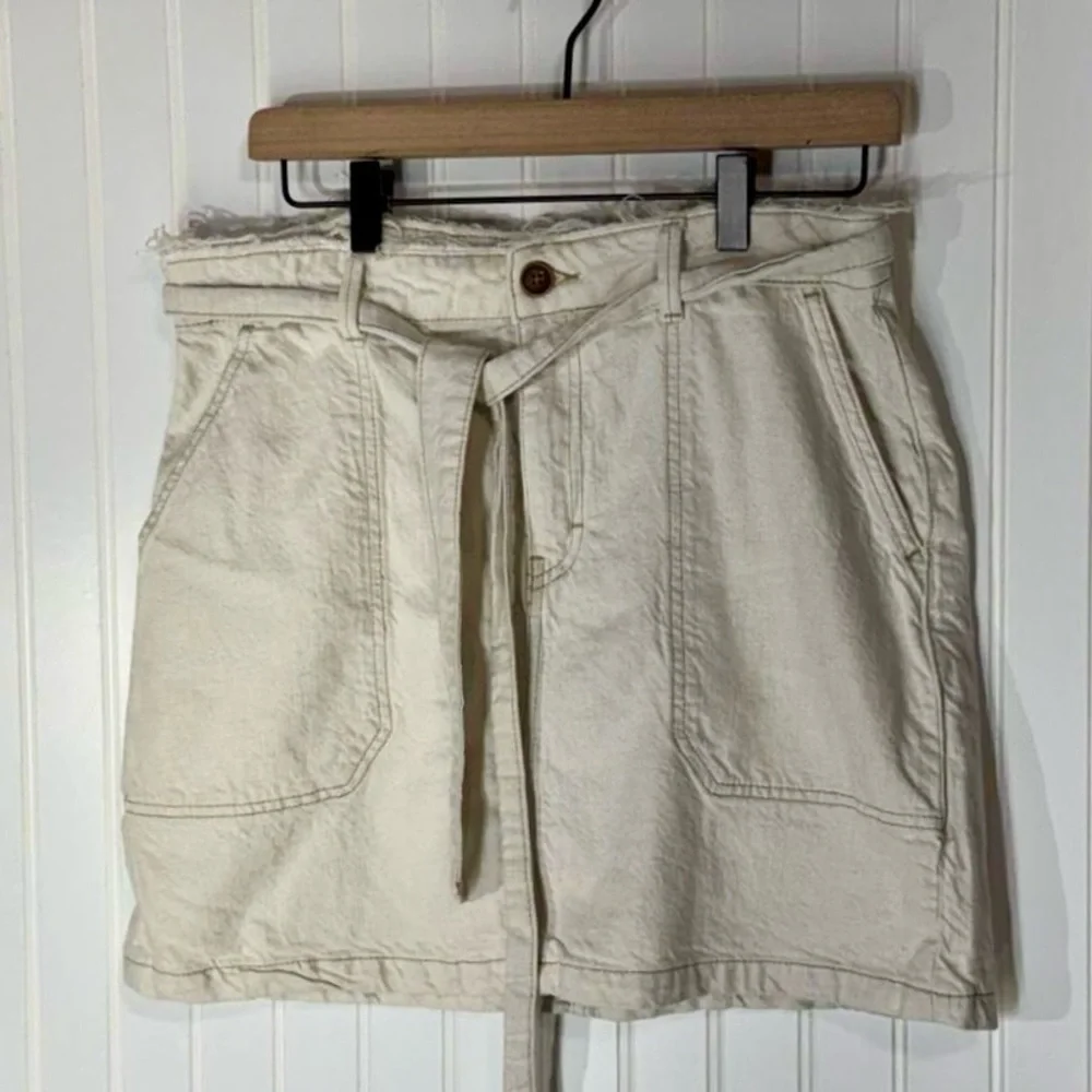 Free People Size 12 Cotton Linen Utility Mini Skirt Paperbag Waist Belted Cream‎