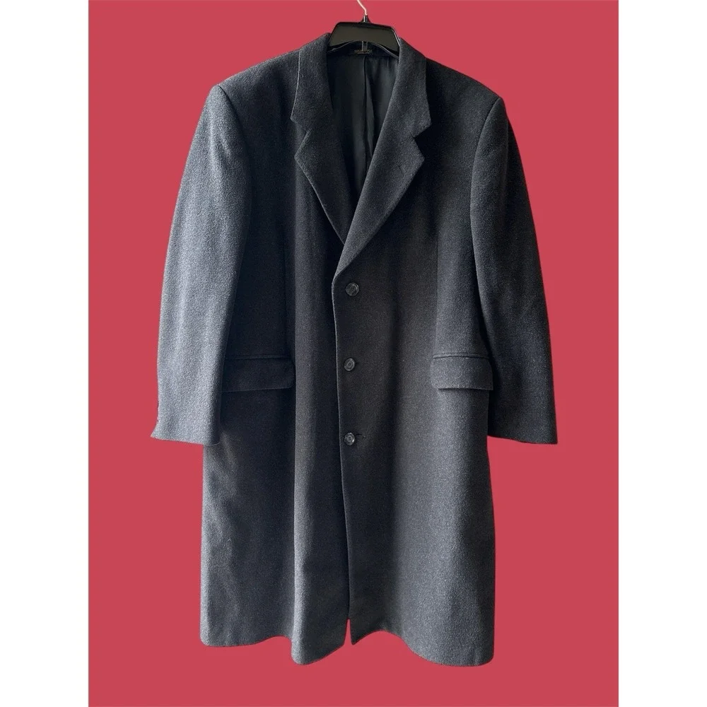 Oleg Cassini Cashmere Blend‎ Overcoat 44R Black Wool Italy Fabric Vintage EUC
