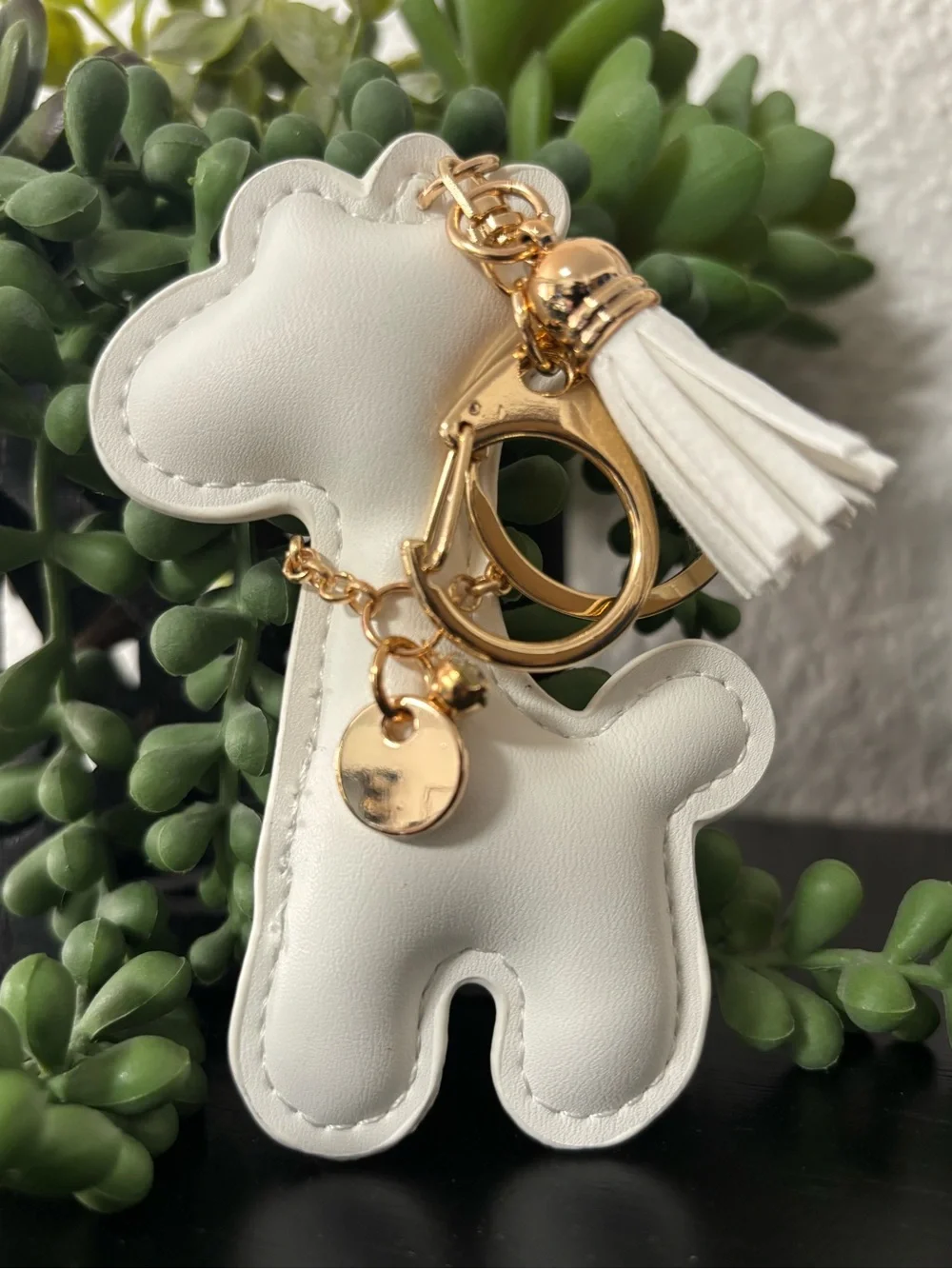 White Giraffe Faux Leather Bag Charm / Keychain with Gold Hardware &Tassel