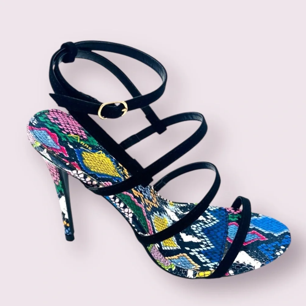 Anne Michelle Black Ankle Strap Snakeskin Heels