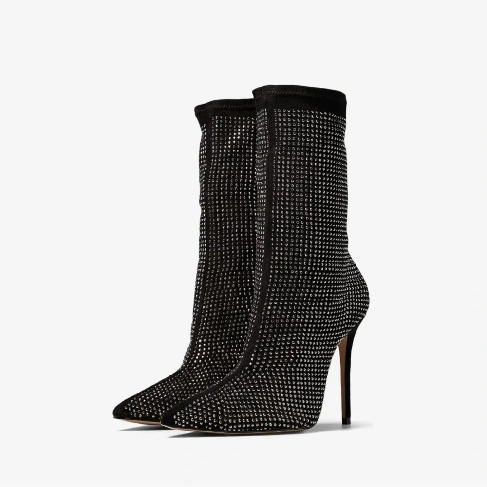 Schutz Sybil Suede Rhinestone Boots Black Silver Embellished Stiletto Women's 7
