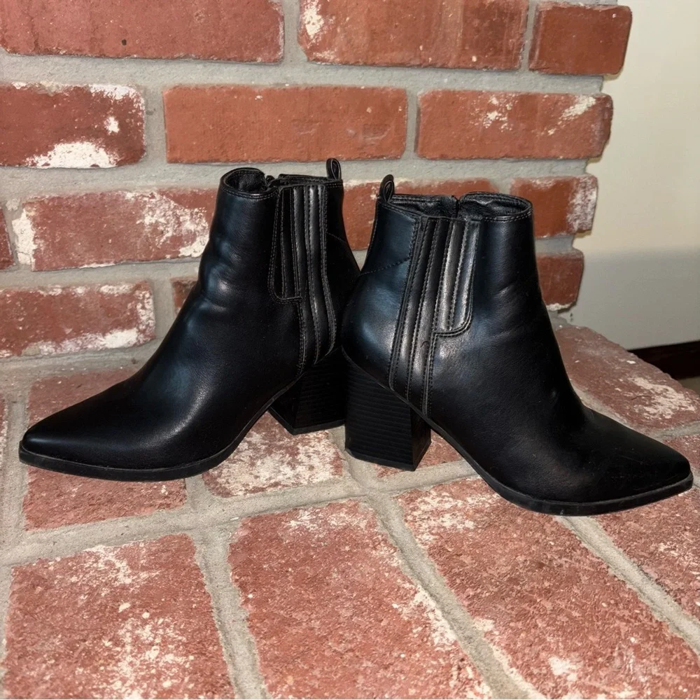 Indigo Black Leather Zip Ankle Boots with Block Heel
