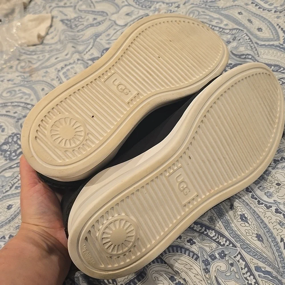 Like New UGG Black Slip-On Shoes with Logo Strap