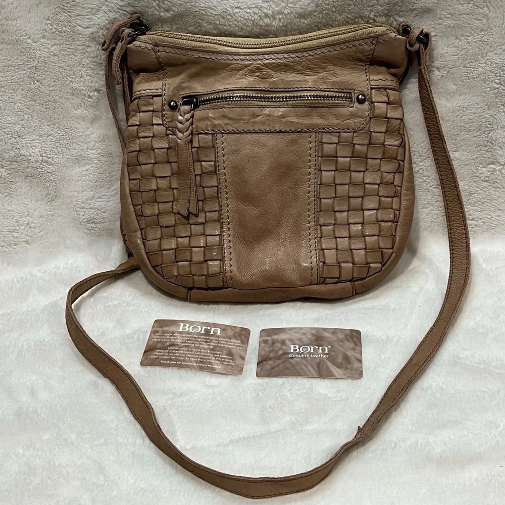 Born Genuine Leather Crossbody Bag/Purse In Natural Brown Woven Accent NWOT read