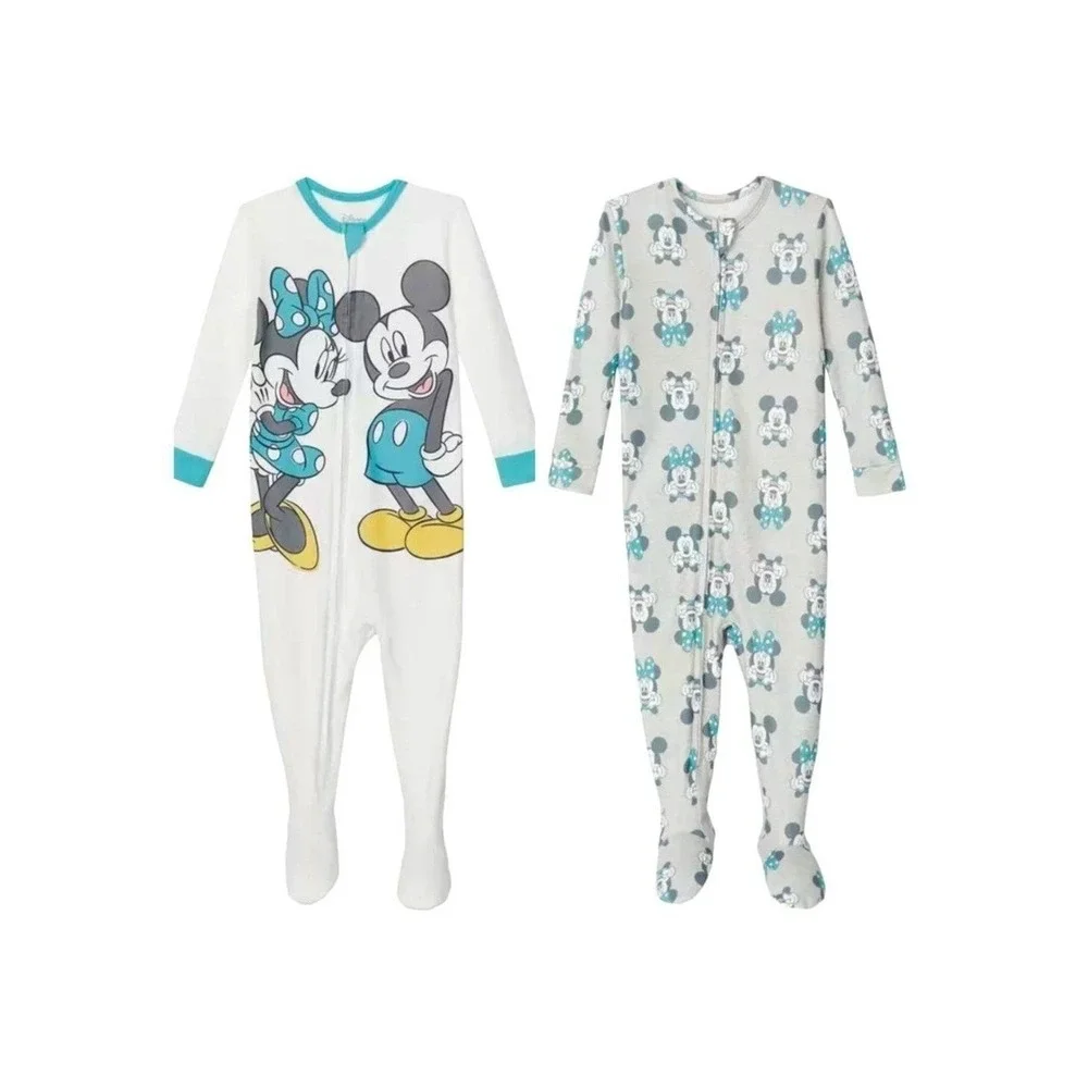 Disney Mickey Minnie Mouse 2 Pack Footed Sleeper Pajamas‎ White Gray 18M New!