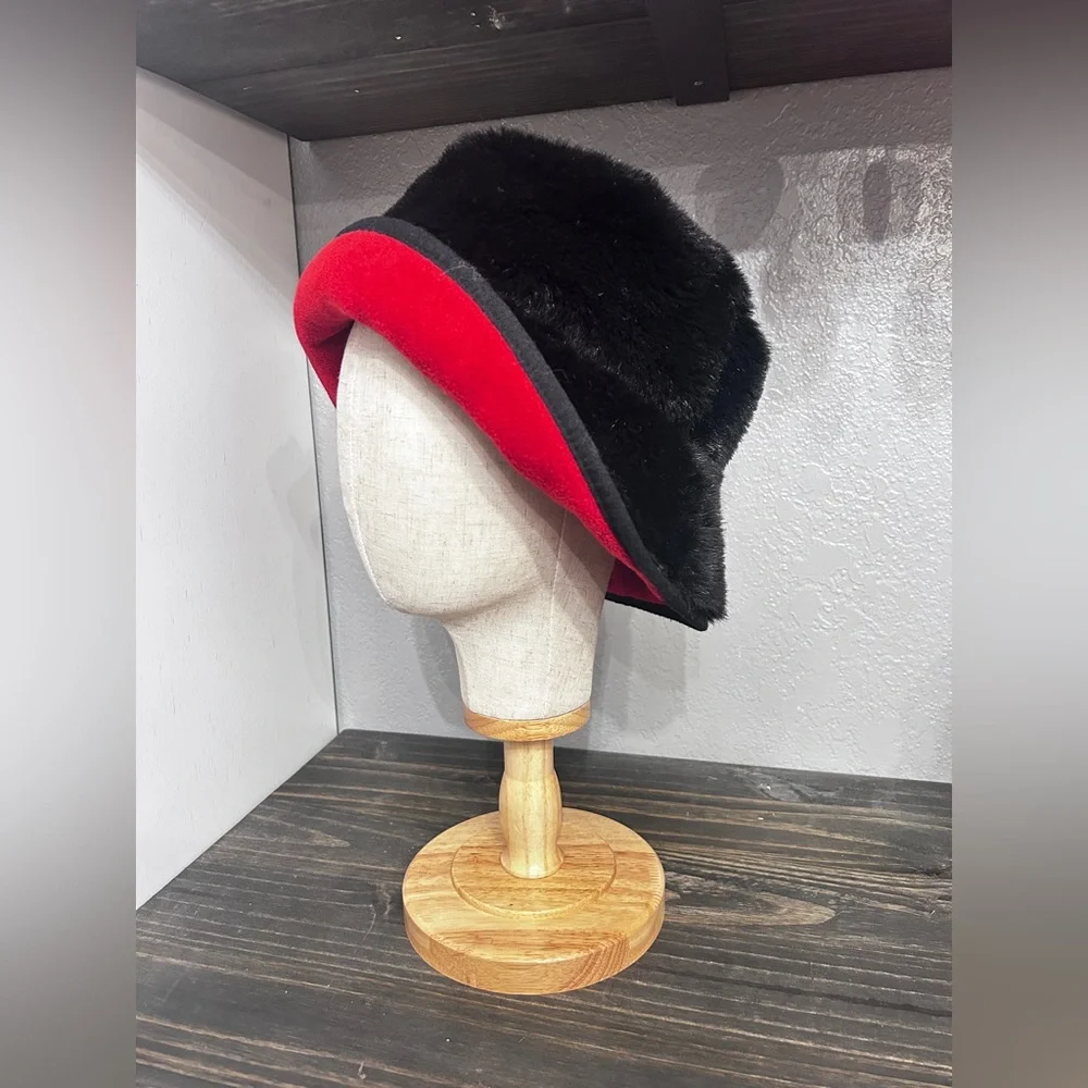Reversible Faux Fur Bucket Hat Black Red‎ Winter Cloche Hat OS