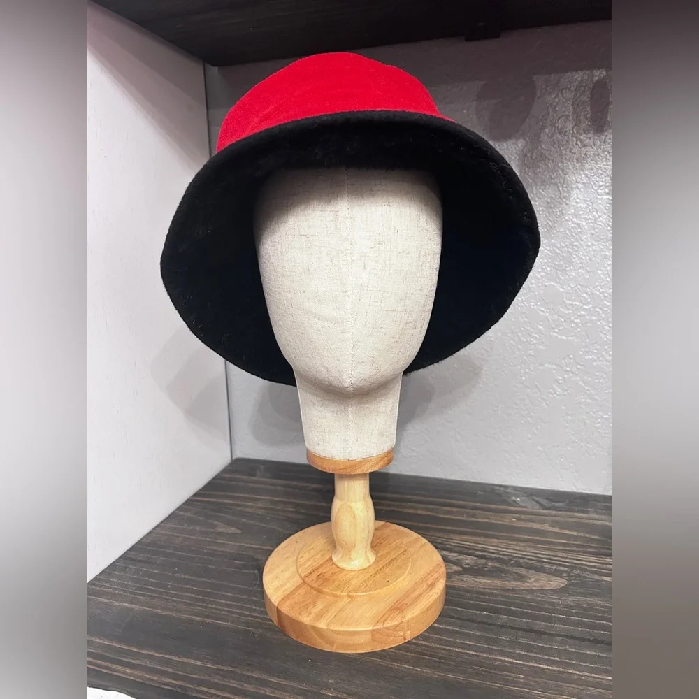 Reversible Faux Fur Bucket Hat Black Red‎ Winter Cloche Hat OS