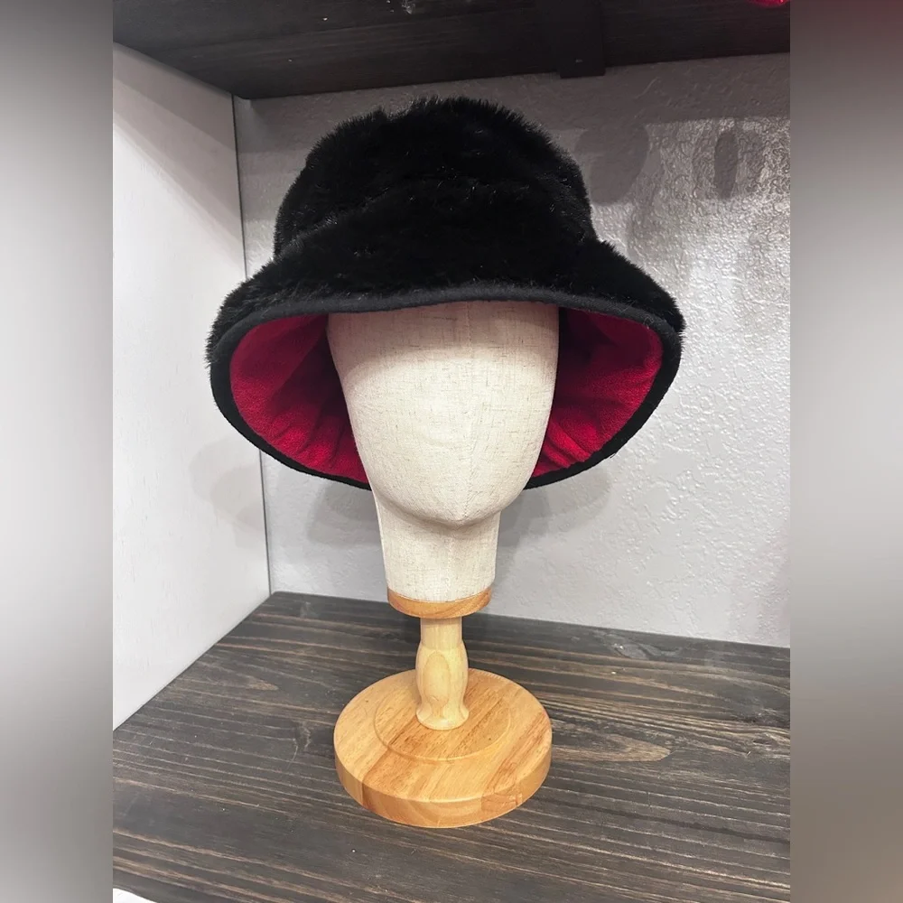 Reversible Faux Fur Bucket Hat Black Red‎ Winter Cloche Hat OS