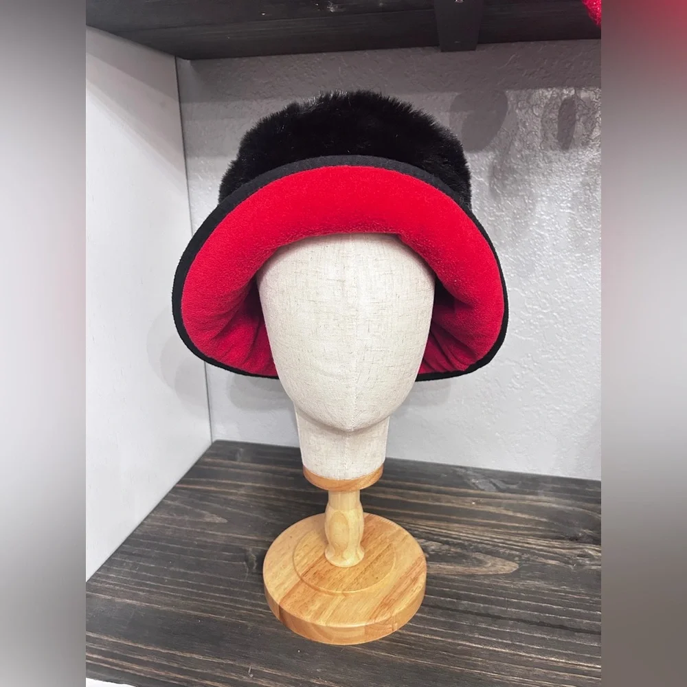 Reversible Faux Fur Bucket Hat Black Red‎ Winter Cloche Hat OS