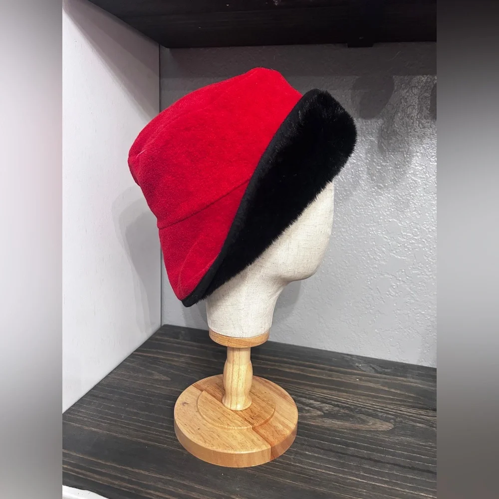 Reversible Faux Fur Bucket Hat Black Red‎ Winter Cloche Hat OS