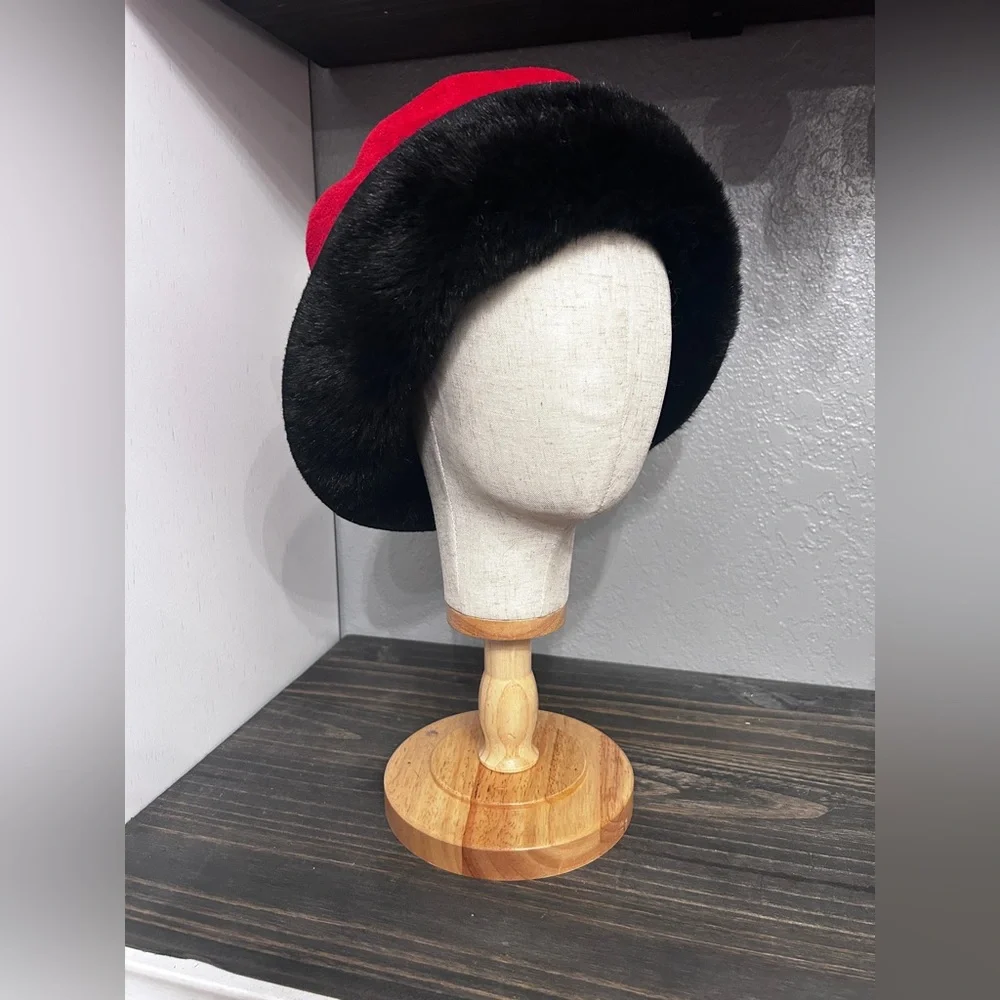 Reversible Faux Fur Bucket Hat Black Red‎ Winter Cloche Hat OS