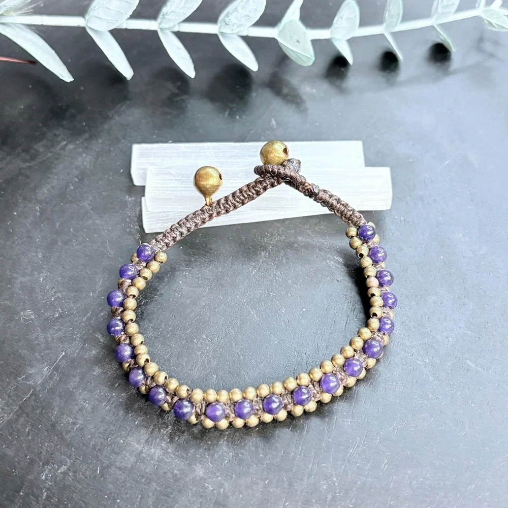 Boho Purple Beaded Bracelet | Brass Bell Beads + Macrame | Toggle | Witchy Charm
