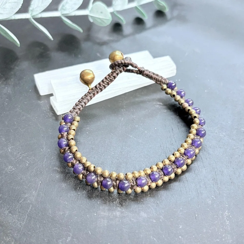 Boho Purple Beaded Bracelet | Brass Bell Beads + Macrame | Toggle | Witchy Charm