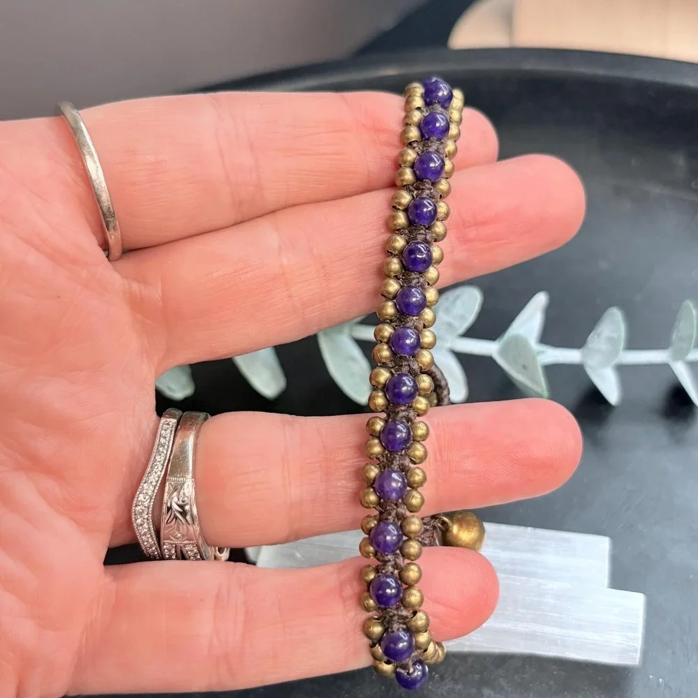 Boho Purple Beaded Bracelet | Brass Bell Beads + Macrame | Toggle | Witchy Charm