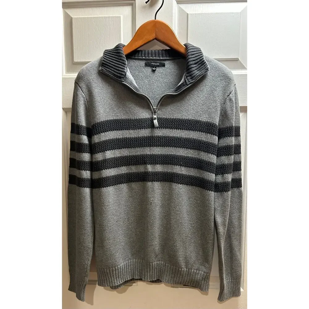 Tahari Men's 1/4 Quarter Zip Pullover Striped Mock Neck Knit Sweater, Size L