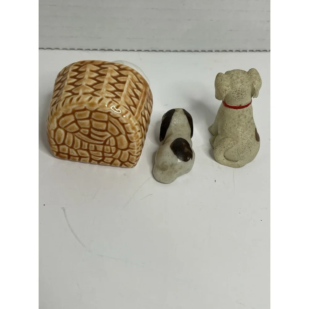 3 Minature Sleepy Hound Dog Puppy Basket Figure 2 Porcelain And 1 Resin Dog Love
