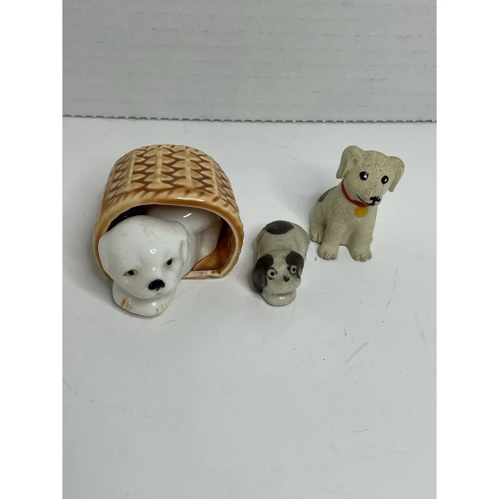 3 Minature Sleepy Hound Dog Puppy Basket Figure 2 Porcelain And 1 Resin Dog Love