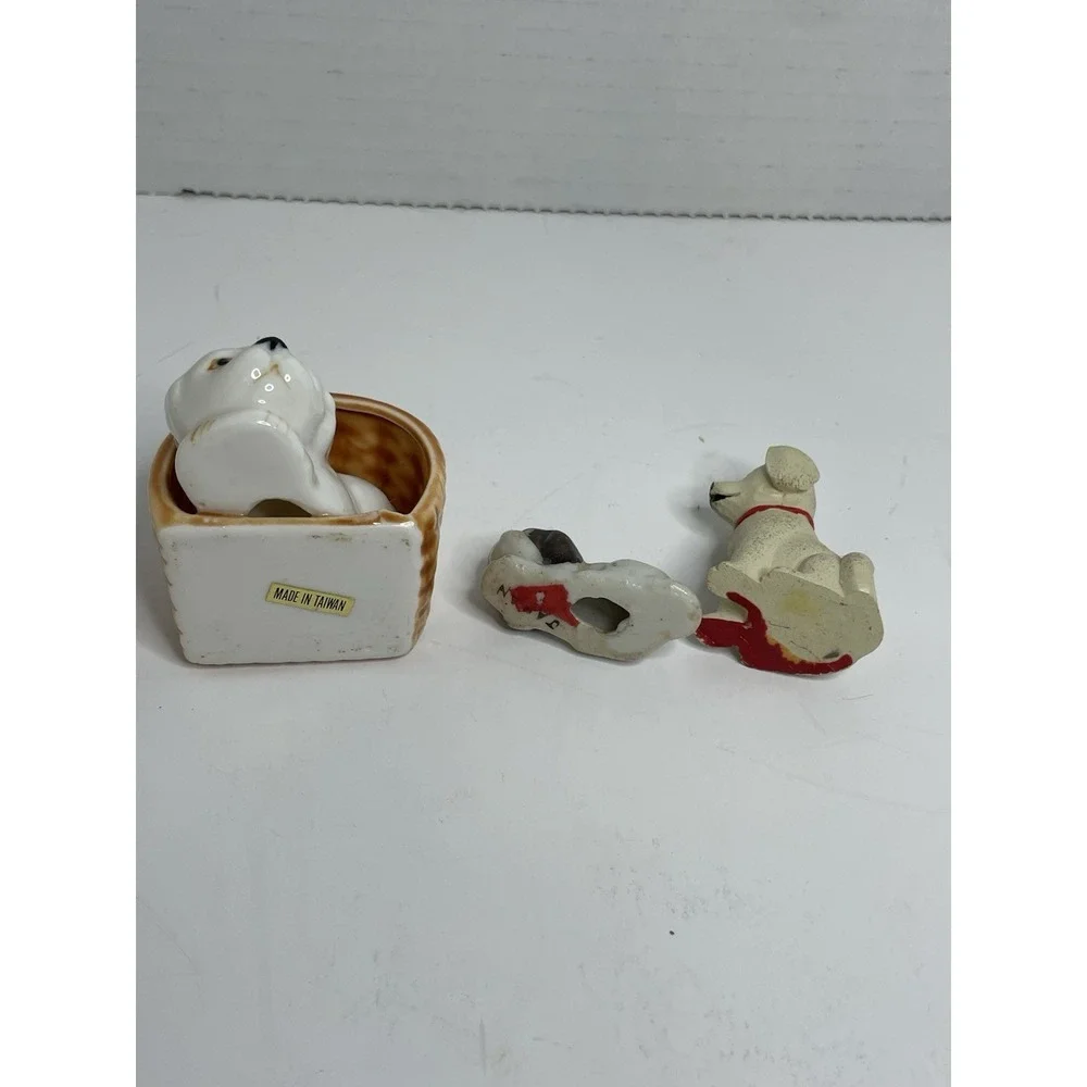 3 Minature Sleepy Hound Dog Puppy Basket Figure 2 Porcelain And 1 Resin Dog Love
