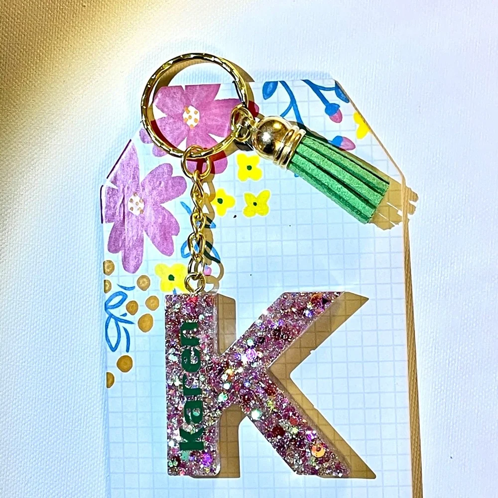 Karen letter K glitter resin‎ keychain