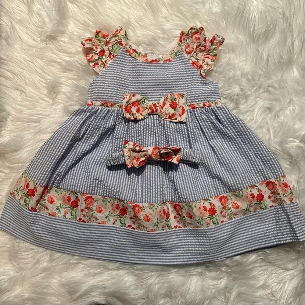 Bonnie Baby‎ Girls 12M Blue Floral Stripe 3-Piece Dress Set