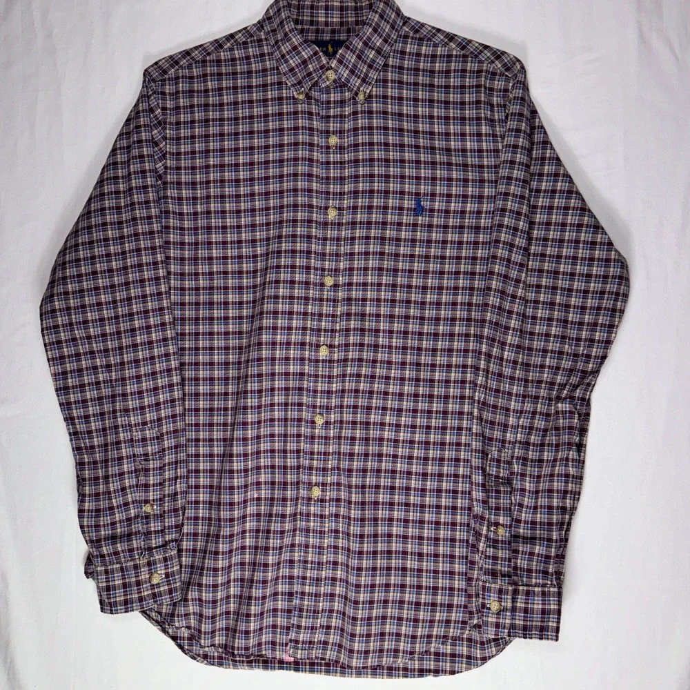 Ralph Lauren Mens L Plaid Button Down‎ Shirt Burgundy Blue Long Sleeve Pony Logo