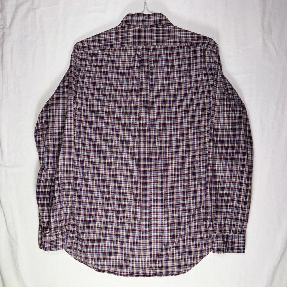Ralph Lauren Mens L Plaid Button Down‎ Shirt Burgundy Blue Long Sleeve Pony Logo