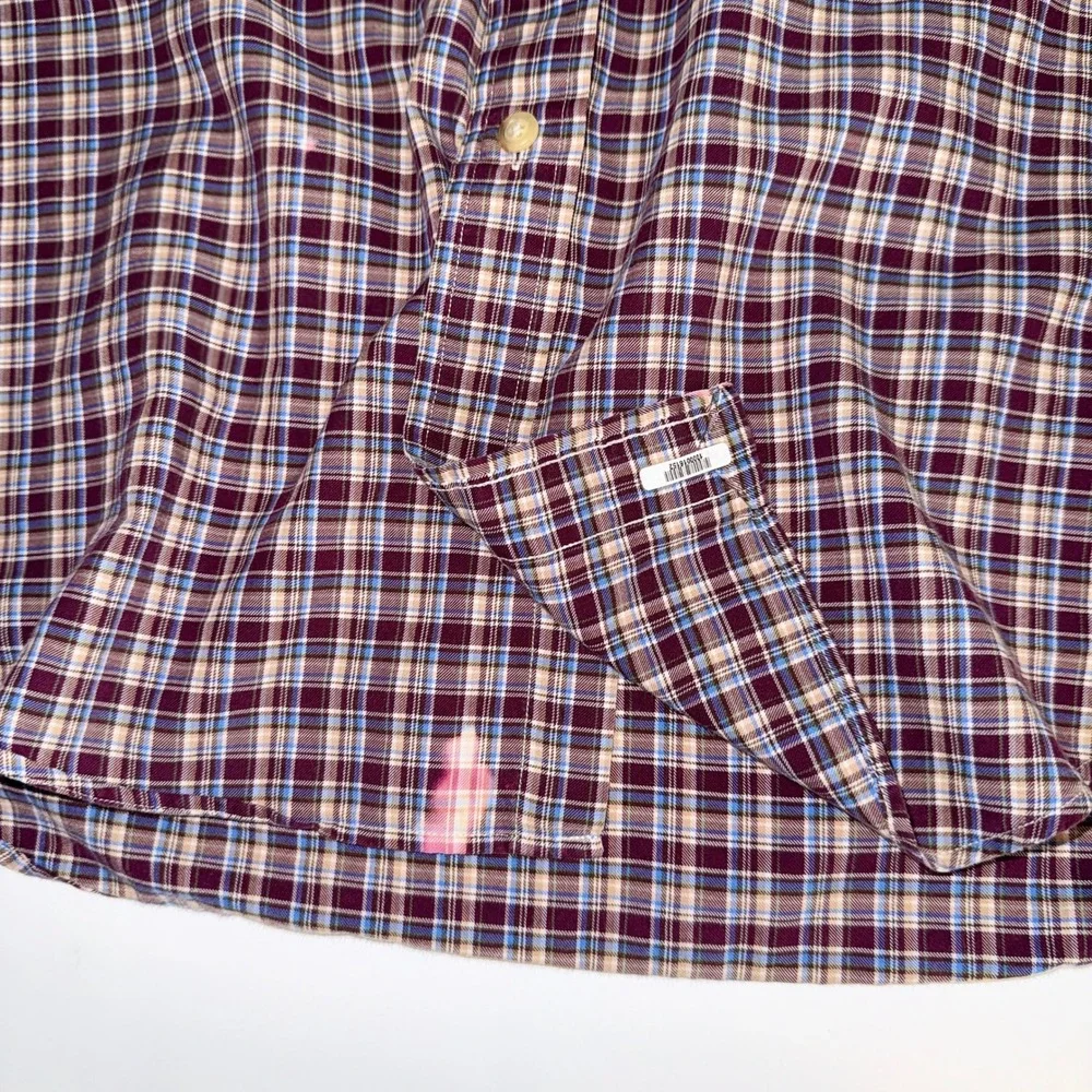 Ralph Lauren Mens L Plaid Button Down‎ Shirt Burgundy Blue Long Sleeve Pony Logo