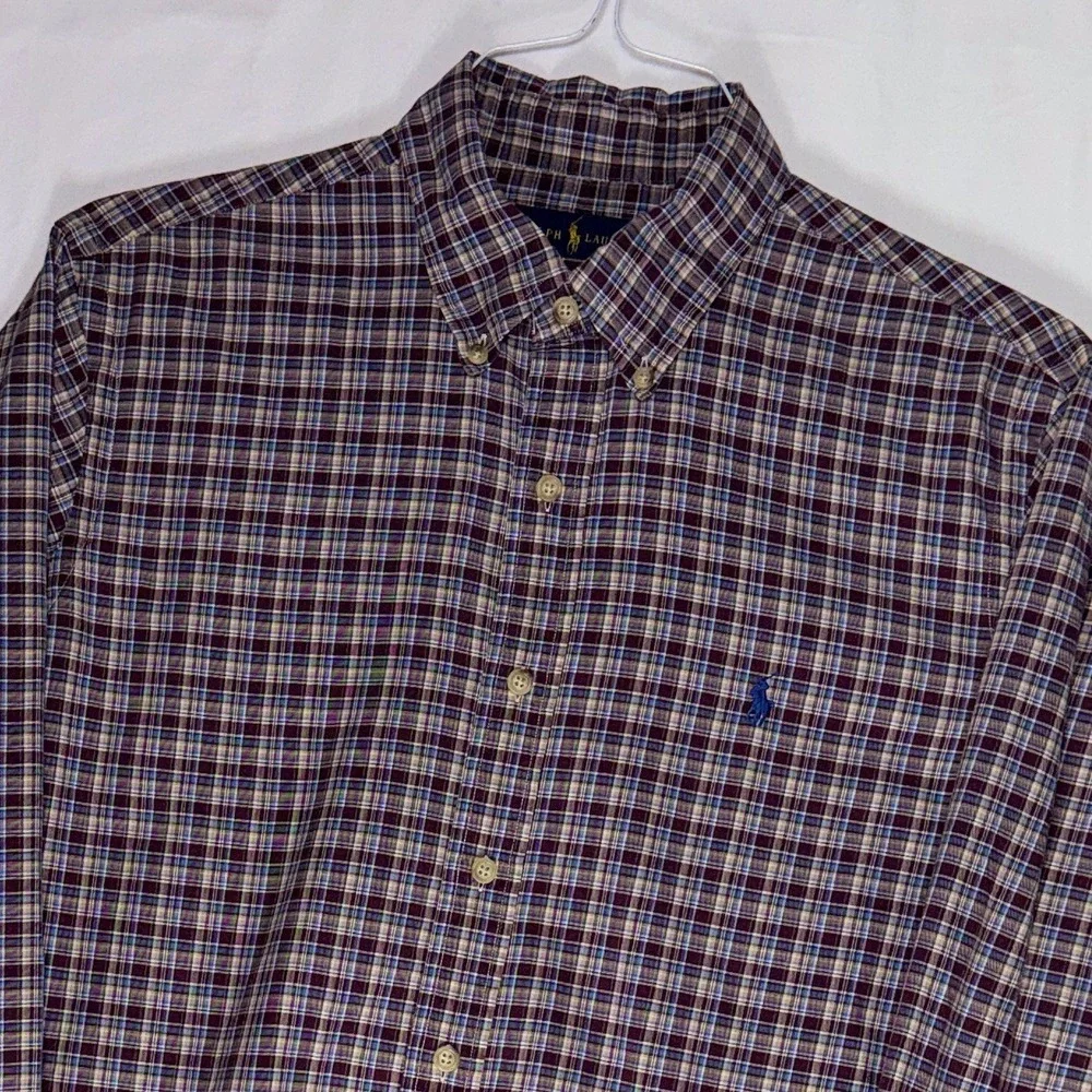 Ralph Lauren Mens L Plaid Button Down‎ Shirt Burgundy Blue Long Sleeve Pony Logo
