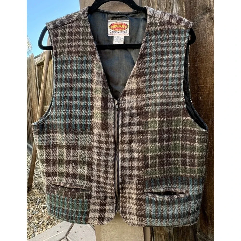 Vintage Paragraff Wool Blend Patchwork Plaid Zip Vest Mens M Lined Rustic Cabin