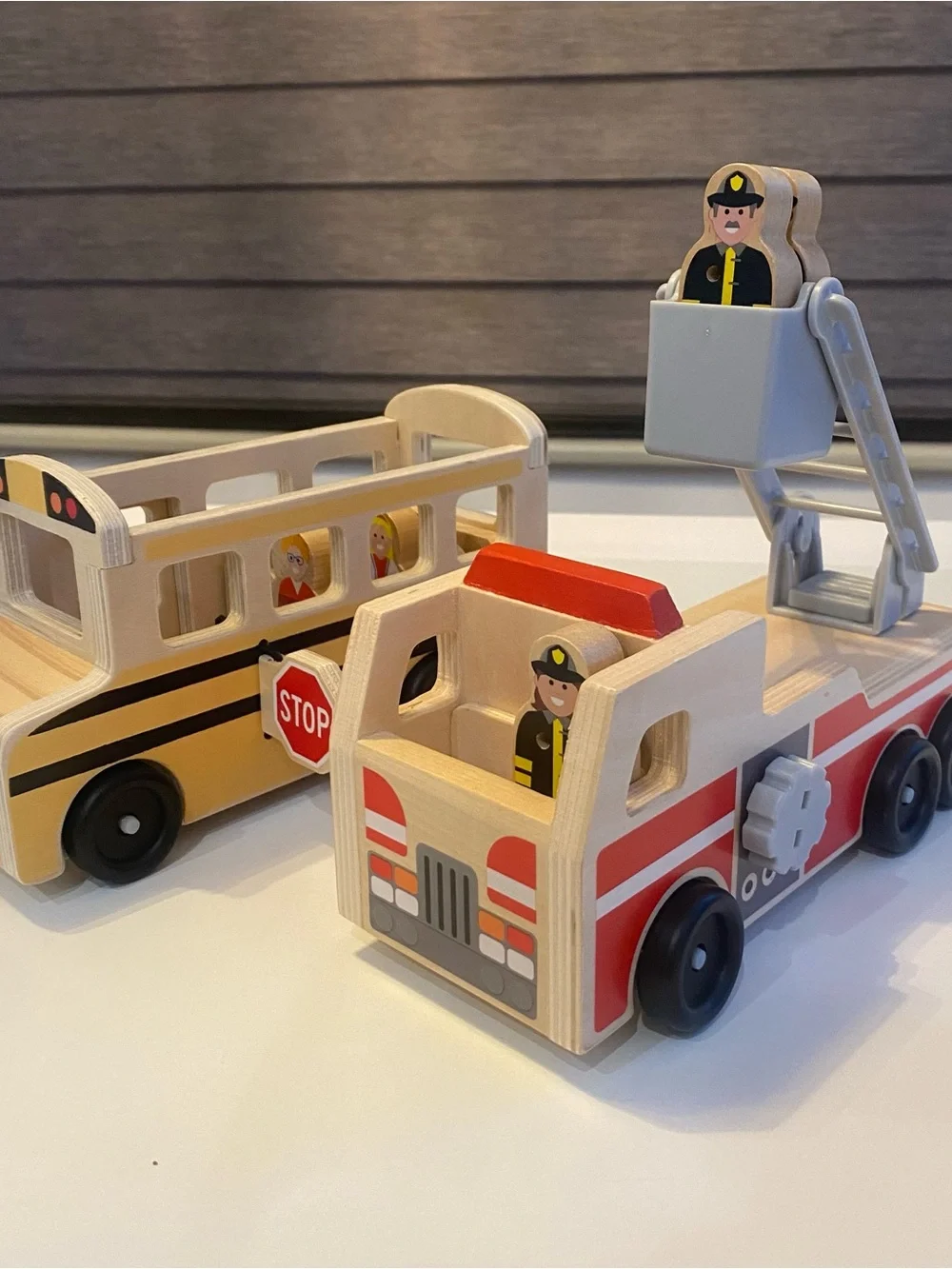 Melissa & Doug Wooden Fire Truck & School Bus